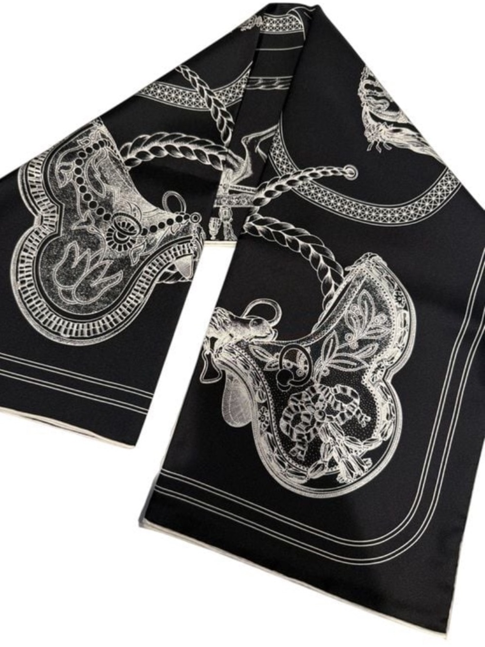 NEW Carolina Lemke Black & White Equestrian Silk Scarf Hand Rolled Edges #37 - Picture 6 of 10